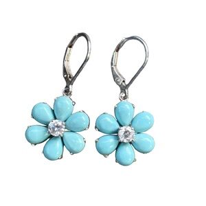 New Sleeping Beauty Turquoise Flower 925 Earrings with Diamond Center